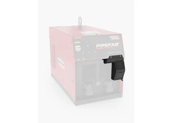 The Lincoln PIPEFAB Connectivity Hub - K4720-1 shows a black plastic part in sharp focus on its front right side, with the rest of the red unit faded against a white background, highlighting advanced welding system integration.