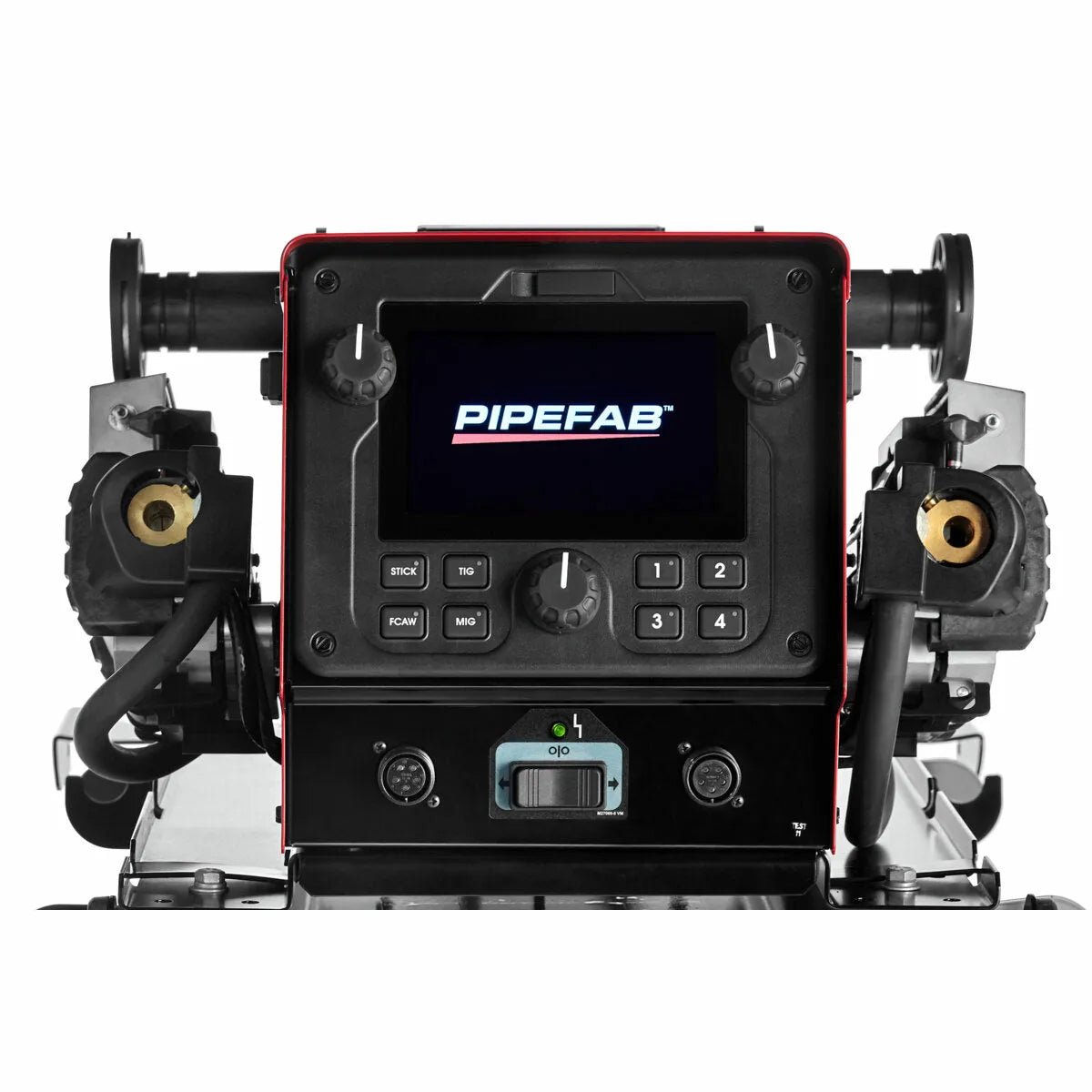 Close-up front view of the Lincoln PIPEFAB Feeder – K3735-1 digital welding machine control panel. The screen displays features for pipe and vessel fabrication, with knobs, buttons, and ports on a robust black and metallic design.