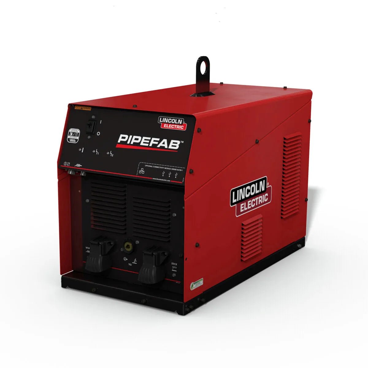A red Lincoln PIPEFAB Power Source - K3731-1 industrial welder with black front control panel, display, and dials. Features Cable View Technology, ventilation grilles, white branding, and a top handle. Shown on a plain white background.