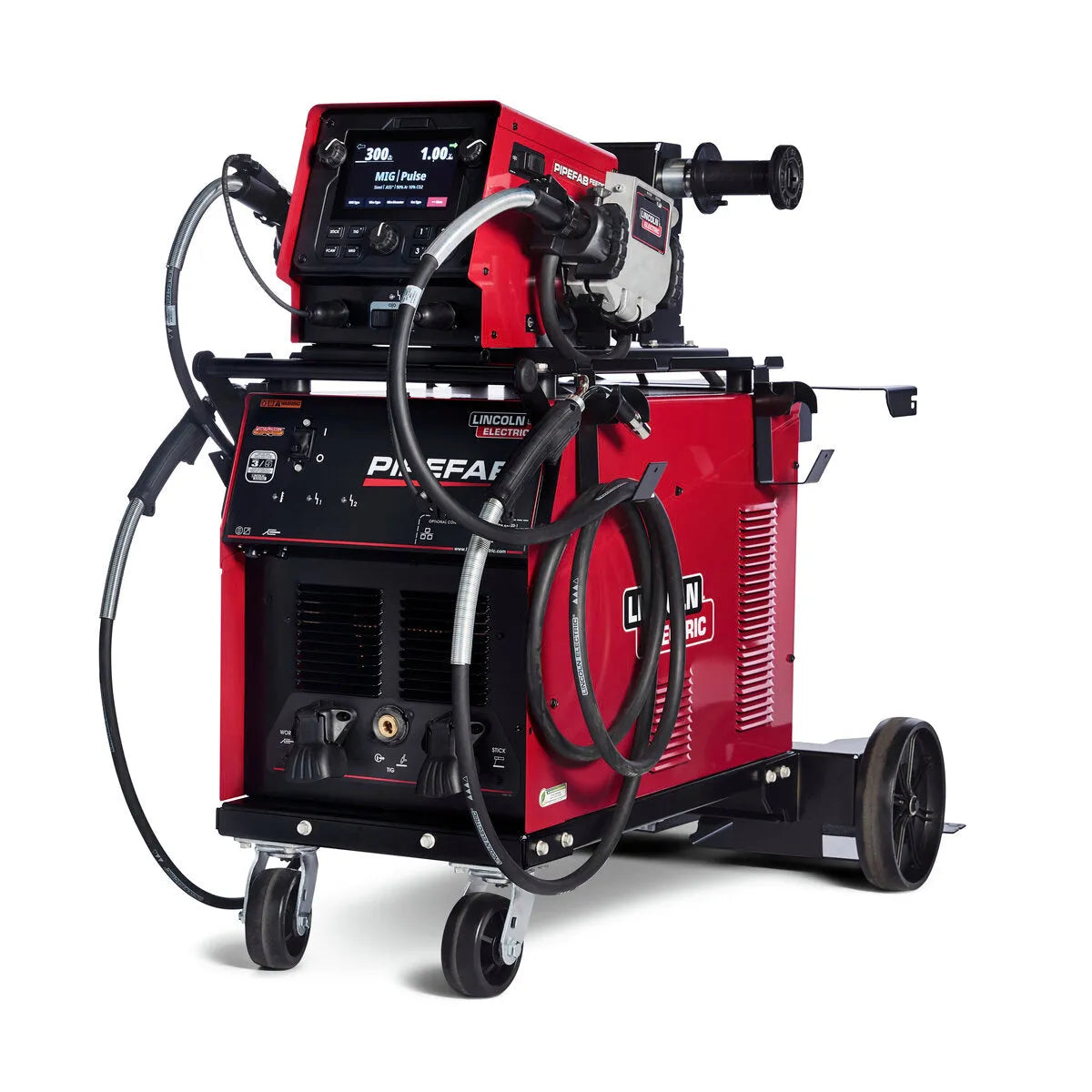The Lincoln PIPEFAB Ready-Pak (K3734-1) is a red welding system with cables, hoses, and control panels on a black wheeled cart—ideal for pipe or vessel fabrication. It features power switches, digital displays, nozzles, and branded labels.
