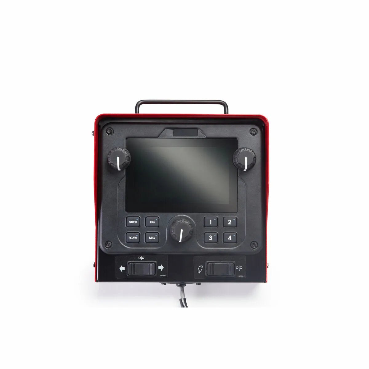 A front view of the Lincoln PipeFab Remote UI K3738-1 shows a red and black electronic device with a central screen, four black control knobs, various buttons (numbers, arrows, function keys) below the screen, and a top handle.