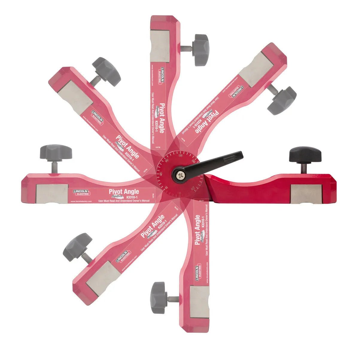 The Lincoln Pivot Angle Magnetic Fixture K3310-1, shown in red with a black adjustment knob, is displayed in multiple transparent positions radiating from its central pivot to demonstrate its adjustable angle measuring and copying range.