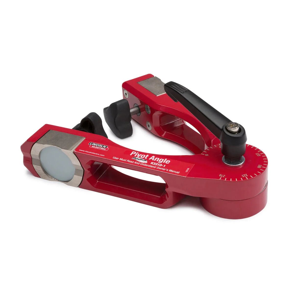 The Lincoln Pivot Angle Magnetic Fixture K3310-1 is a red metalworking tool with measurement markings, a black handle, and magnetized pads for secure holding—ideal for precise angle adjustment and alignment in welding tasks.