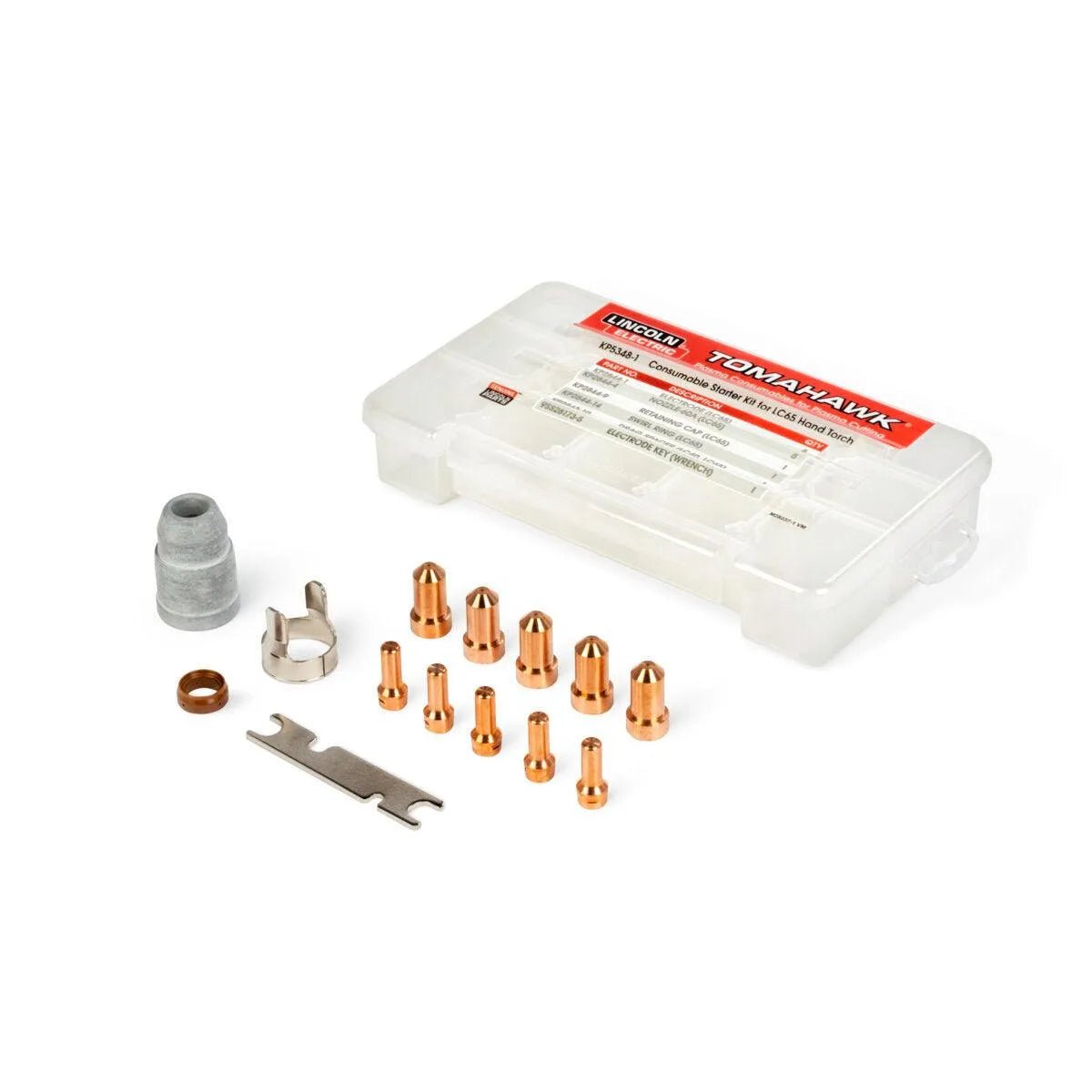 A plastic case labeled “Tomahawk” contains the Lincoln Plasma Consumable Kit for LC65 Handheld & LC65M Machine Torches (KP5348-1), including copper nozzles, tips, a gray part, metal clip, ring, and wrench—all arranged on a white surface.