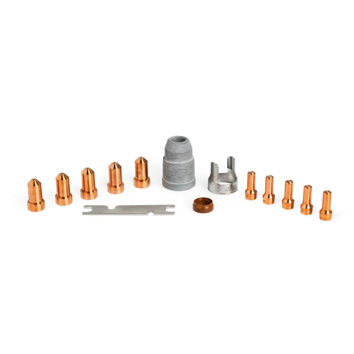 The Lincoln Plasma Consumable Kit for LC65 Handheld & LC65M Machine Torches KP5348-1 includes assorted copper nozzles and tips, a ceramic or metal shield, a wrench, copper ring, and connector, all displayed on a white background.