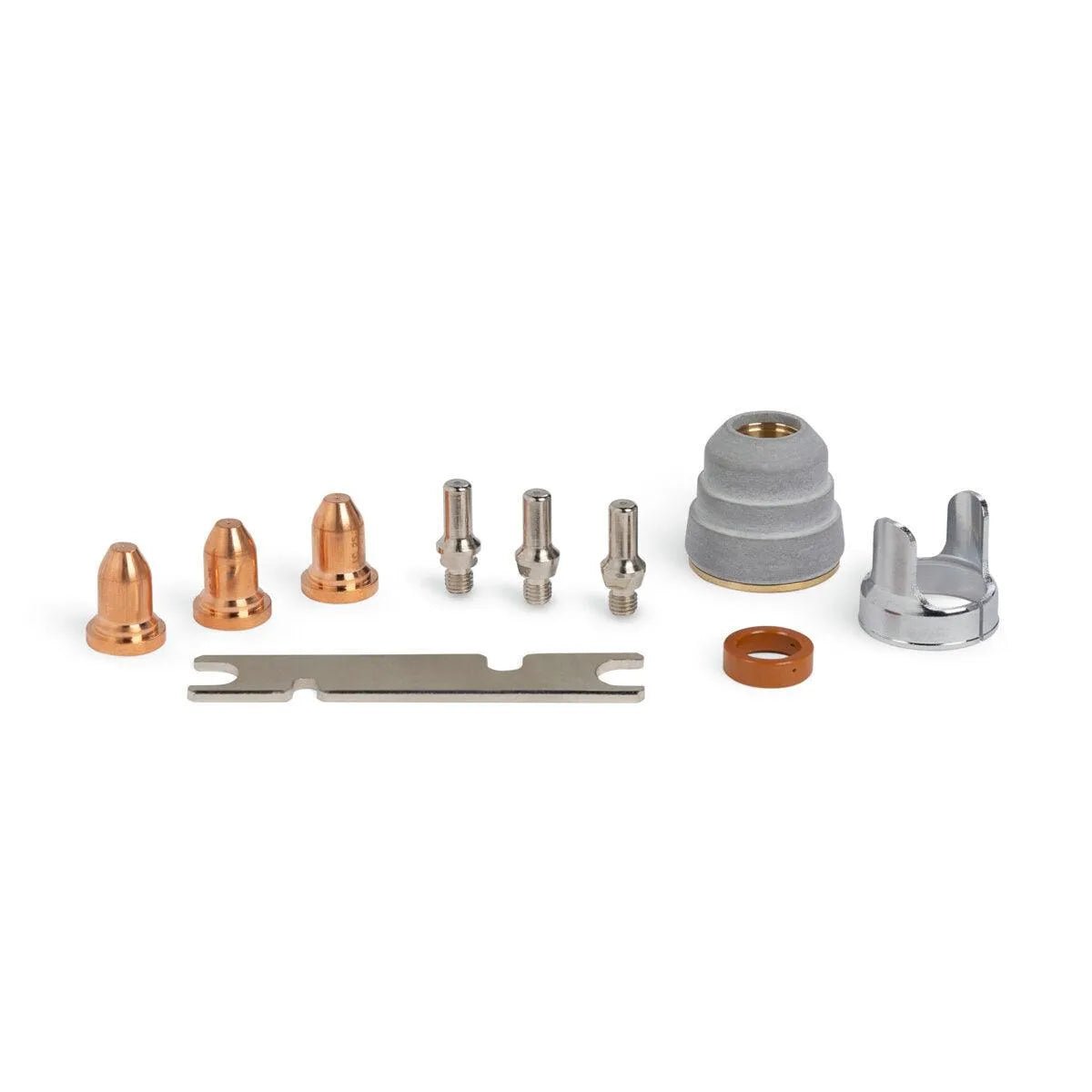 A selection of small metallic machine parts, such as copper nozzles and silver connectors from the Lincoln Plasma Consumable Kit for LC25 handheld torch (KP5346-1), neatly arranged on a white background.