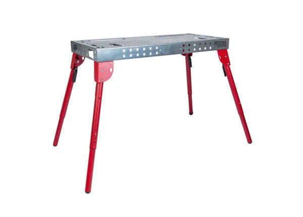 The Lincoln Portable Welding Table and Workbench K5334-1 features a rectangular perforated top, four extendable red legs angled outward for stability, and a lightweight design perfect for on-site or workshop use. Shown against a plain white background.