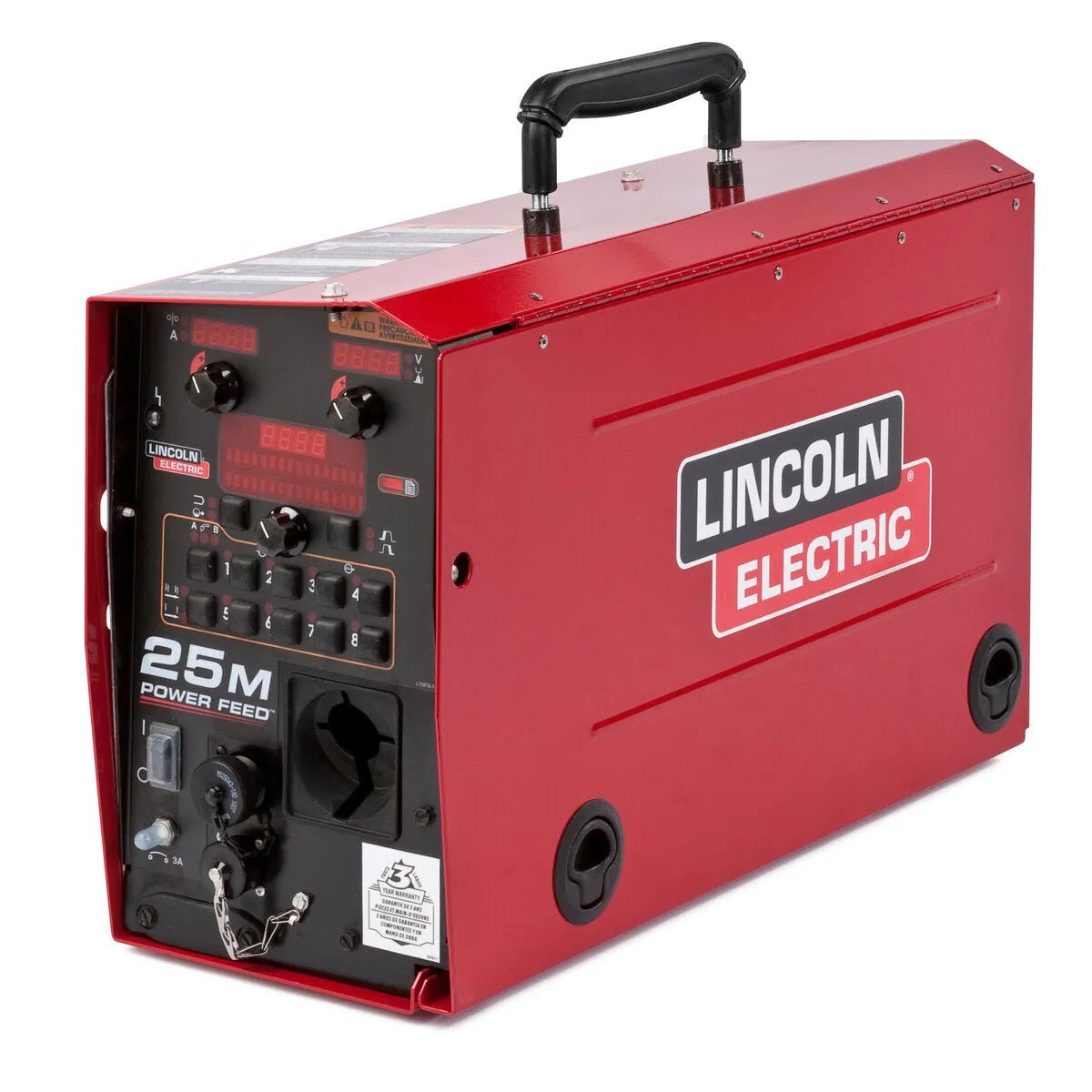 A red Lincoln Electric 25M Power Feed welding machine with a black handle on top, MAXTRAC drive system, control panel, display screens, and various switches and ports—ideal for push-pull welding applications.