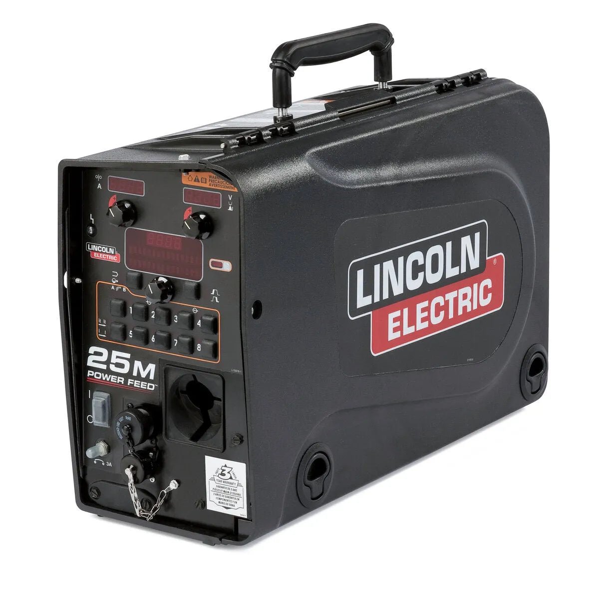 A black Lincoln Power Feed 25M wire feeder machine with a handle on top and a front control panel featuring buttons, dials, and digital readouts—ideal for precision in aluminum welding tasks.