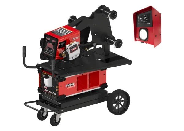 The Lincoln Power Feed 84 Cool Arc 55S HyperFill One-Pak (K5440-1) is a red and black industrial welder on wheels, with a digital control panel, adjustment dials, and a separate meter for easy monitoring of high-deposition welding settings.