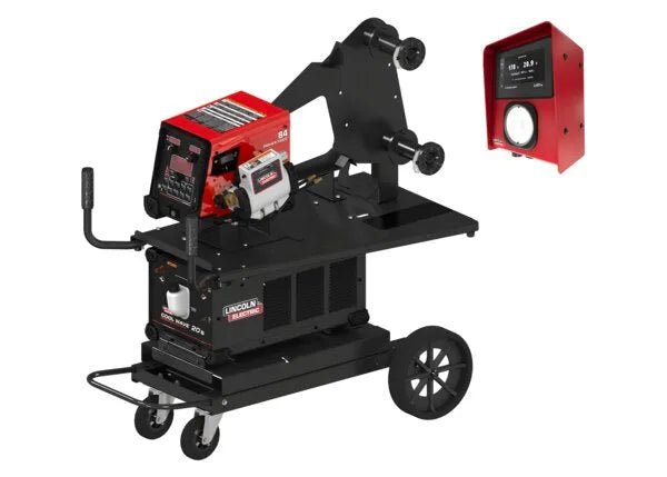 A Lincoln Power Feed 84 Cool Wave 20S HyperFill One-Pak (K5440-3) welding machine in red and black is mounted on a black cart, with a separate red control box featuring a display and dial, all set against a white background.