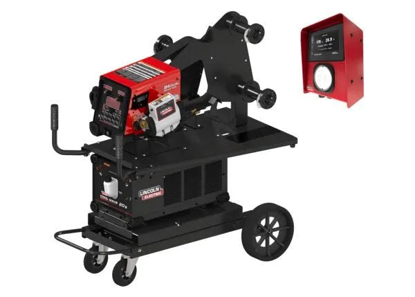 The Lincoln Power Feed 84 Dual Cool Wave 20S HyperFill One-Pak (K5440-4) welding machine, in red and black, is mounted on a wheeled cart with storage and hooks. A separate image shows its red digital control panel with screen and knob.