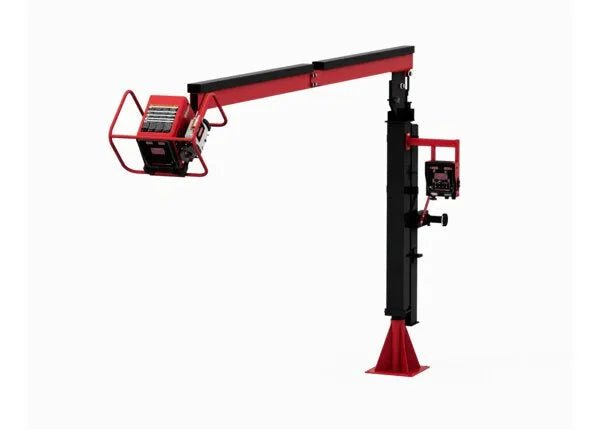 The Lincoln Power Feed 84 Single Boom Ready-Pak K4047-1-12S is a red and black adjustable rig with a camera or sensor on one end, a control box on the arm, supported by a vertical post with a triangular base, set against a plain white background.