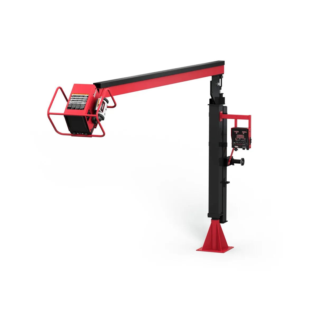 The Lincoln Power Feed 84 Single Boom Ready-Pak K4047-12S is a red and black industrial robotic arm with a sturdy vertical base, angled extension, square caged light, integrated wire feeder, and control box set against a plain white background.