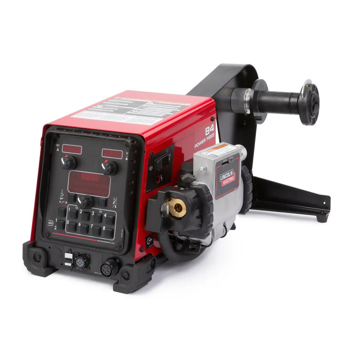 The Lincoln Power Feed 84 Std. Dty Reel One-Pak K3328-7 is a red and black semiautomatic wire feeder with front digital controls and display, a right-mounted cylindrical wire spool holder, and visible knobs, switches, and connectors.