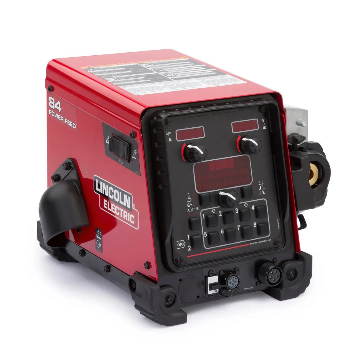 A red Lincoln Power Feed 84 U/I (K3328-12) industrial wire feeder with a digital control panel, multiple buttons, dials, display screens, black corner protectors, side handle, and labeled connection ports. No reel; includes Gouge Kit and USB.