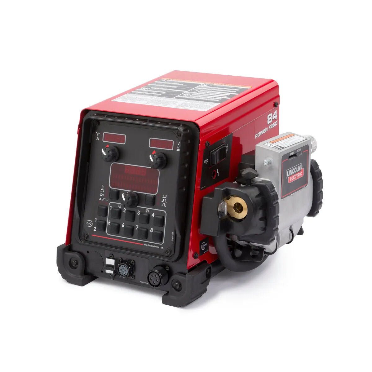 The Lincoln Power Feed 84 U/I, No Reel, USB K3328-3 is a red and black semiautomatic industrial wire feeder with a digital control panel and side wire spool holder, standing on four rubberized feet and angled slightly right.