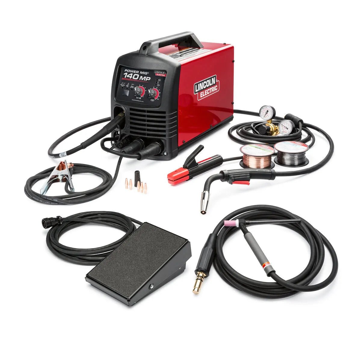 Lincoln Power MIG 140 MP Multi-Process Welder with cables, clamps, wire spools, regulator & accessories from WeldingMart.