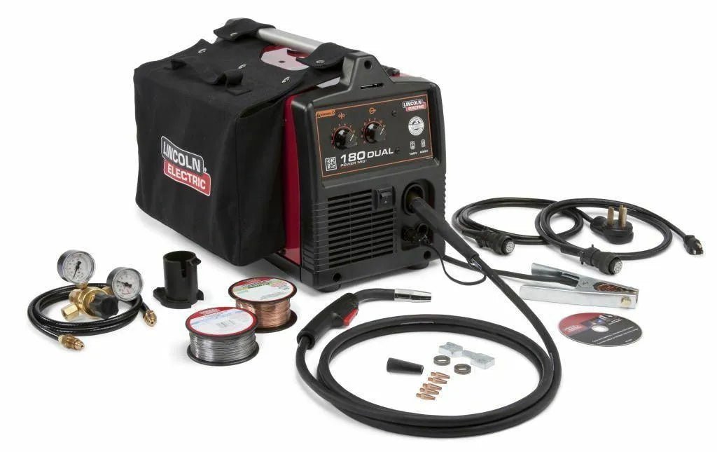 Lincoln Power MIG 180 Dual MIG Welder K3018-2 with cables, gauges, wire spools, case & accessories for aluminum welding.