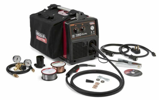 Lincoln Power MIG 180 Dual MIG Welder K3018-2 with cables, gauges, wire spools, case & accessories for aluminum welding.