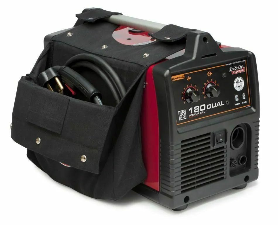 Lincoln Power MIG 180 Dual MIG Welder K3018-2, dual-voltage welding equipment with control panel, case, for aluminum welding tasks.