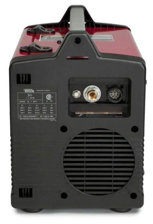 Lincoln Power MIG 180 Dual K3018-2 Welder rear view, red/black, ports, vent, info label; dual-voltage welding equipment.