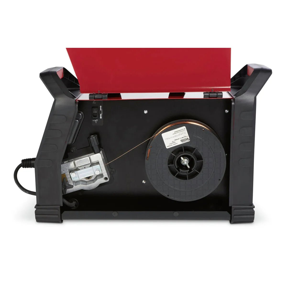 Lincoln Power MIG 215 MPi Multi-Process Welder open wire feeder, spool, and mechanism inside case, ideal for aluminum welding.