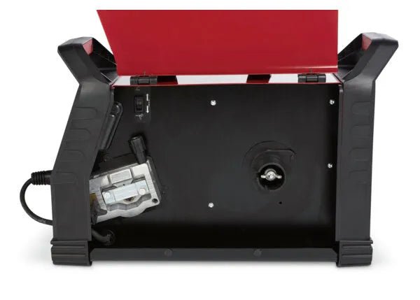 Lincoln Power MIG 215 MPi Welder demo, side panel open showing wire feed system, motor & wiring—WeldingMart welding equipment.