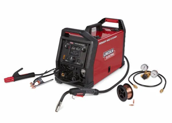 Lincoln Power MIG 215 MPi Welder U4876-1 with torch, cables, wire spool & gas regulators—WeldingMart welding equipment demo.