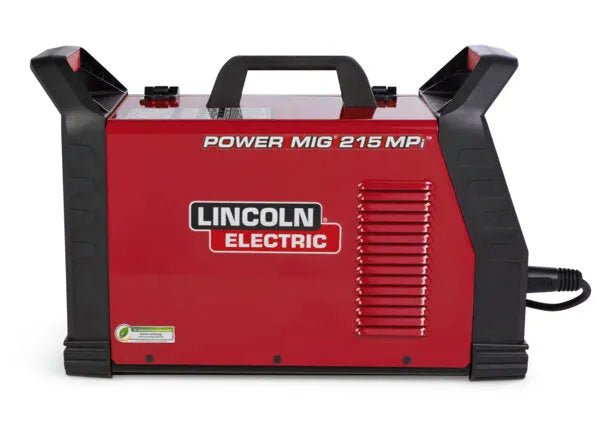 Lincoln Power MIG 215 MPi Welder, red, factory demo, with black handle, side accents, power cord, WeldingMart welding equipment.