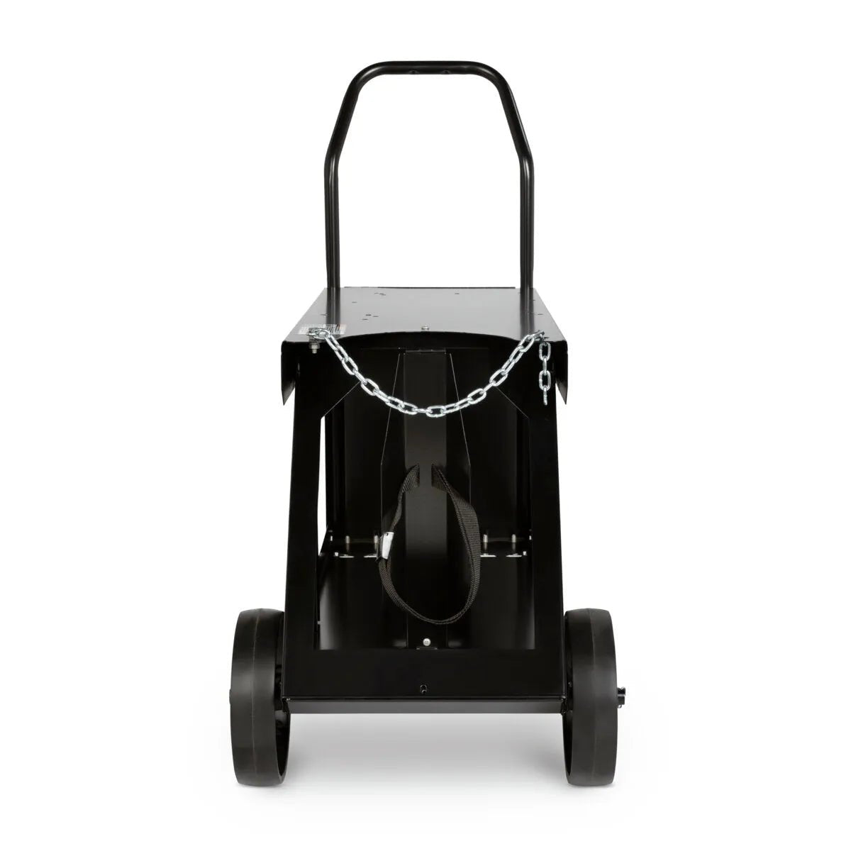 Lincoln Power MIG 215 MPi Welder on heavy-duty black utility cart with handle, large wheels, chain, and open storage—WeldingMart.