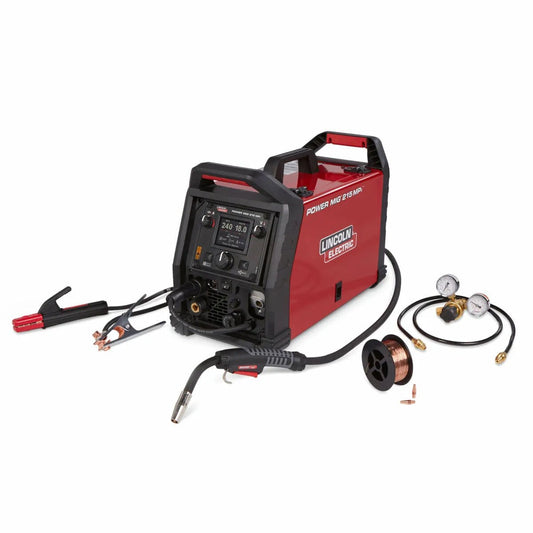 Lincoln Power MIG 215 MPi Multi-Process Welder K4876-1 in red with welding gun, clamp, gas hose, gauges, power cord, and wire spool.