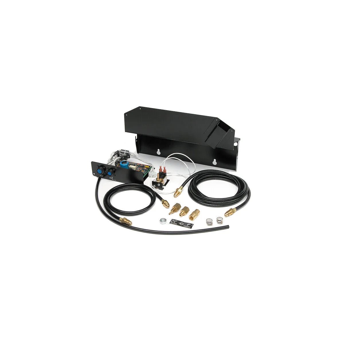 A hydraulic kit with black metal cover, hoses, control panel, brass fittings, and various small metal parts—compatible with the Lincoln K2310-1 and includes a POWER MIG 255 spool gun adapter—arranged on a white background.