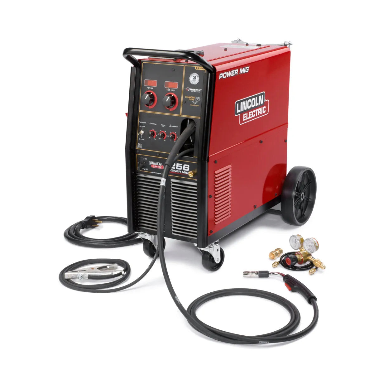 Lincoln Power MIG 256 welder (K3068-1) on wheels with cables, gun, clamp, and gas regulator; WeldingMart welding equipment.