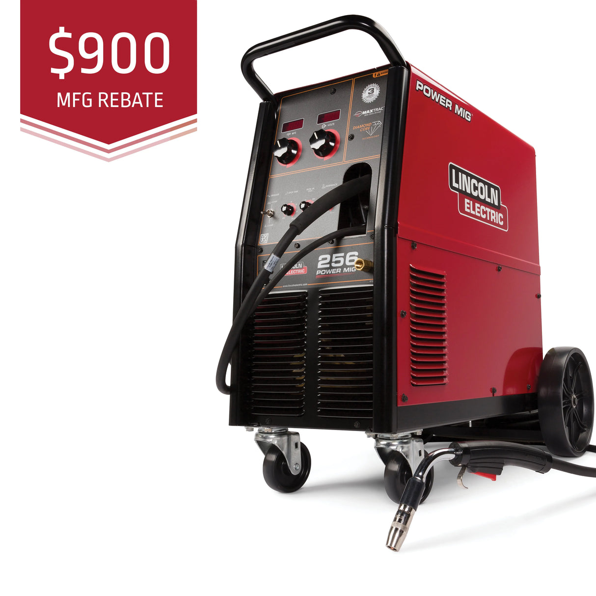 Lincoln Power MIG 256 Welder on wheels with cables, $900 MFG Rebate banner. Top welding equipment at WeldingMart.