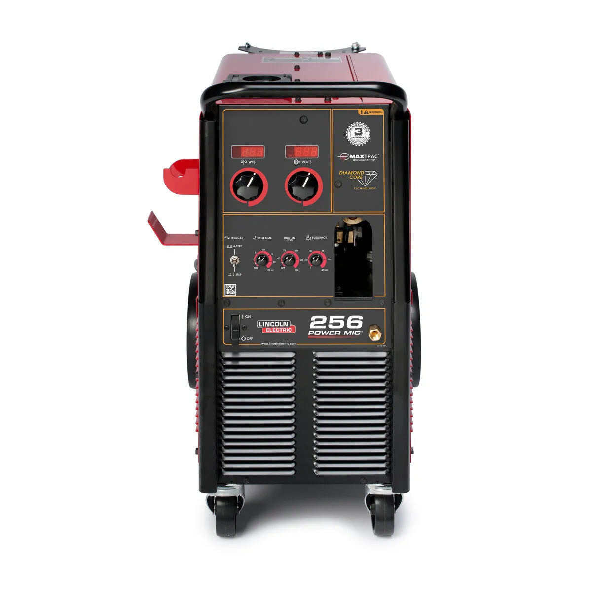 Lincoln Power MIG 256 MIG Welder K3068-2 front view with control knobs, displays, input ports, and wire spool on welding equipment.