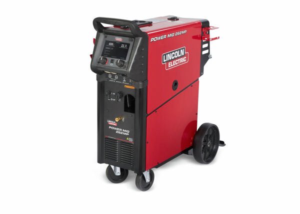 Lincoln Power MIG 262MP Multi-Process Welder, red-black, portable with rear wheels, control panel; ideal for aluminum welding.