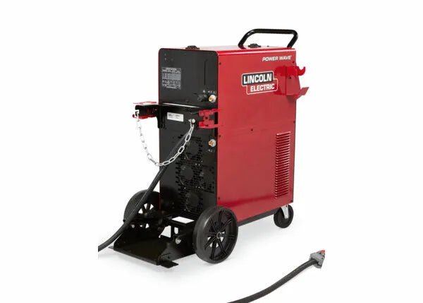 Lincoln Power Wave 300C Advanced Process Welder U4488-1, red, portable, with wheels and cables, shown on white—WeldingMart tool.