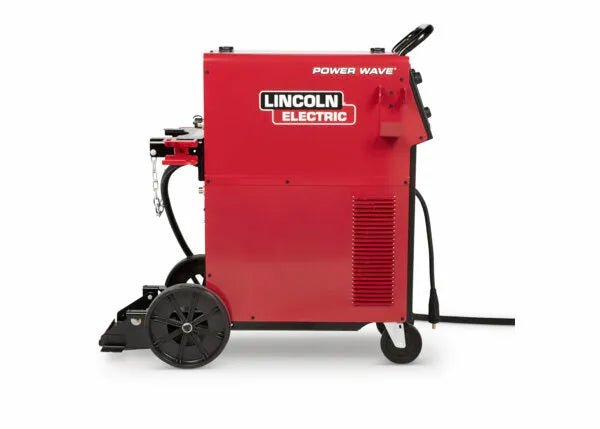 Lincoln Power Wave 300C Advanced Process welder U4488-1 on wheels, pro-grade welding equipment with handle, cables, and vents.