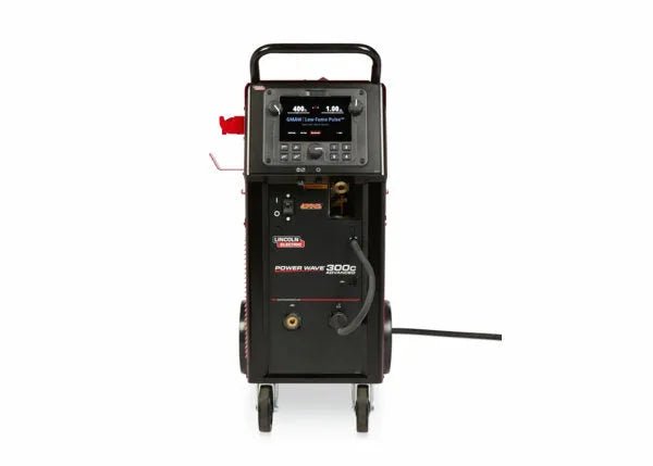 Lincoln Power Wave 300C Advanced Welder U4488-1 on wheels with control panel, handle, and cables for WeldingMart professionals.