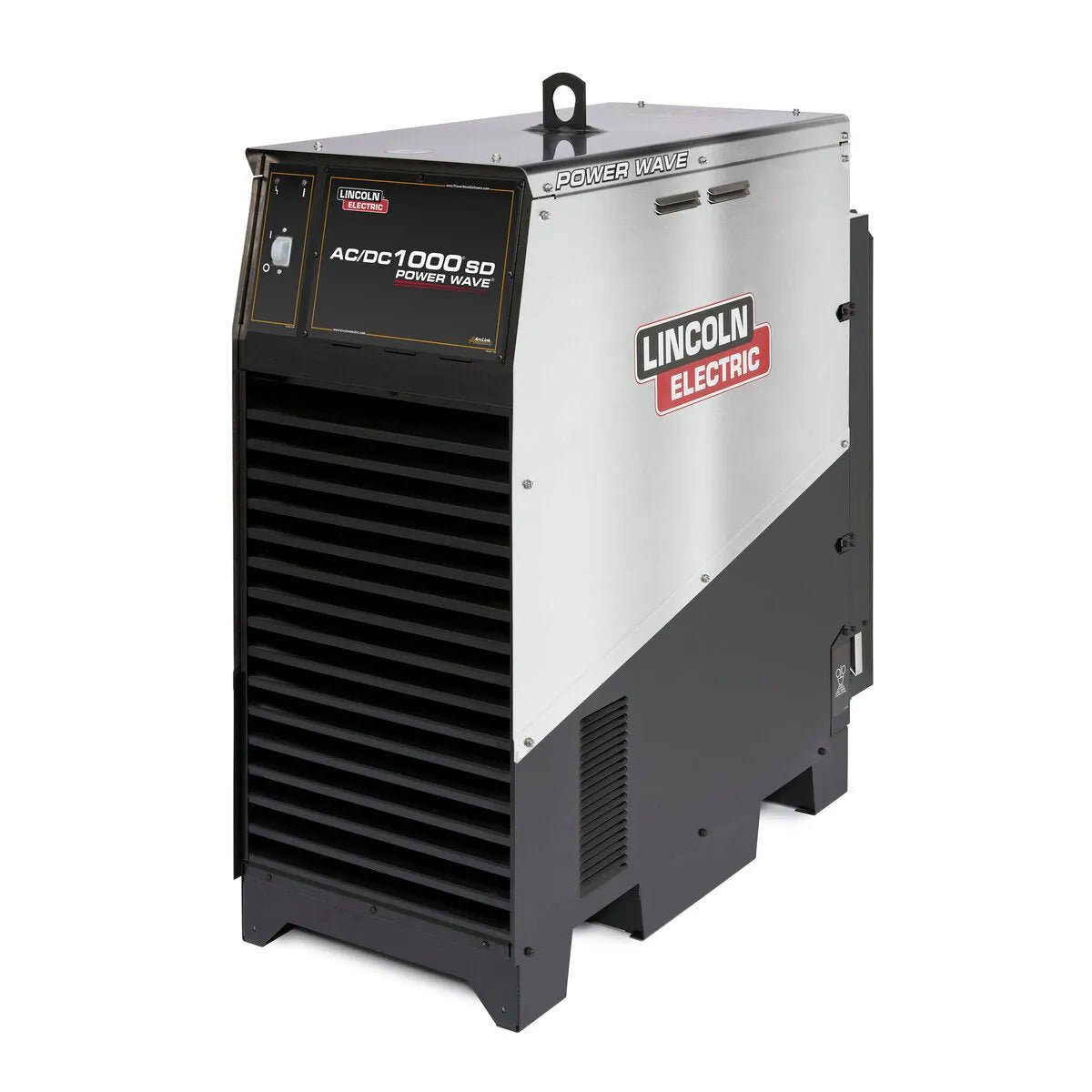 The Lincoln Power Wave AC/DC 1000SD Advanced Submerged Arc Welder - K2803-1 is a large, upright industrial machine with a metallic body, black vented panels, control display, top handles, and a prominent Lincoln Electric logo on its side.