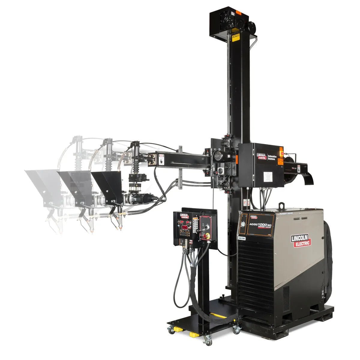 The Lincoln Power Wave AC/DC 1000SD Advanced Submerged Arc Welder (K2803-1) has a vertical column, extendable arm with three torches, Waveform Control Technology, front control panels and switches. Set against a white background with a faint shadow.