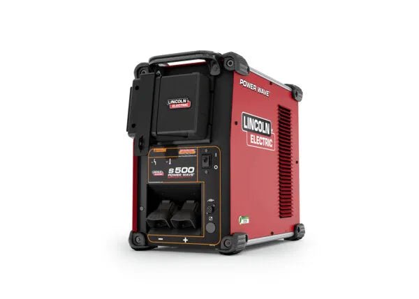 A red and black Lincoln Power Wave Connectivity Hub S350 S500 & R350 R450 R500 (K4884-1) industrial welding machine with control panel, display, and handles stands on four corner feet against a white background.