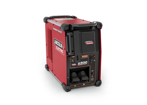 A red and black Lincoln Electric S500 welding machine stands on four corner feet. Its front panel has controls, ports, and the logo—designed for use with the Lincoln Power Wave Connectivity Hub S350 S500 & R350 R450 R500 (K4884-1).