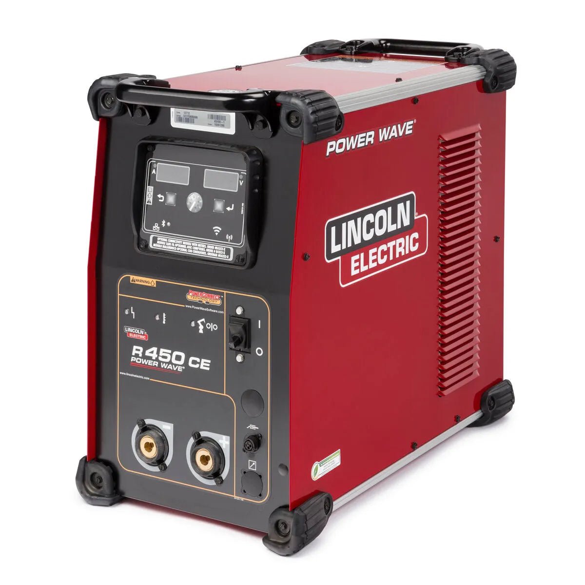 Lincoln Power Wave R450 CE K3455-1 welding power source, red/black, with control dials, display, ports, vents, and logo.