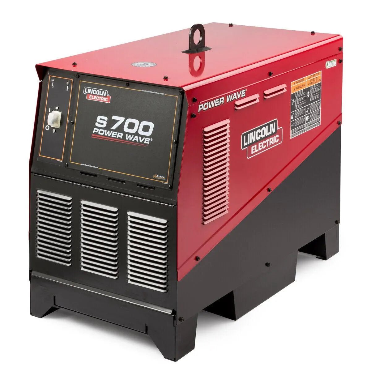 A red and black Lincoln Power Wave S700 Advanced Process Welder 200V (K3557-1) with control panel, vented sides, clear labeling, sturdy rectangular build, carrying handle, and visible brand logos and model details.