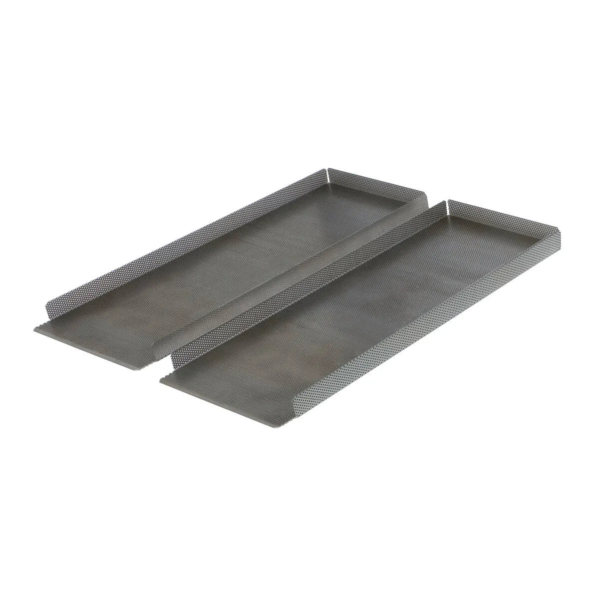 Two rectangular, perforated metal trays are shown, resembling the Lincoln Pre-Filter, Plasma Cutting Grid Kit KP2752-17. With mesh surfaces to allow airflow, theyre placed side by side with one slightly shorter than the other.