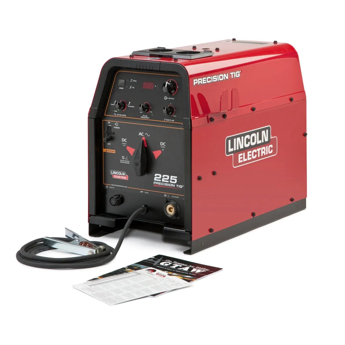 Lincoln Precision TIG 225 TIG Welder K2533-2 with cables, metal clamp, and manuals on white—premium welding equipment from WeldingMart.