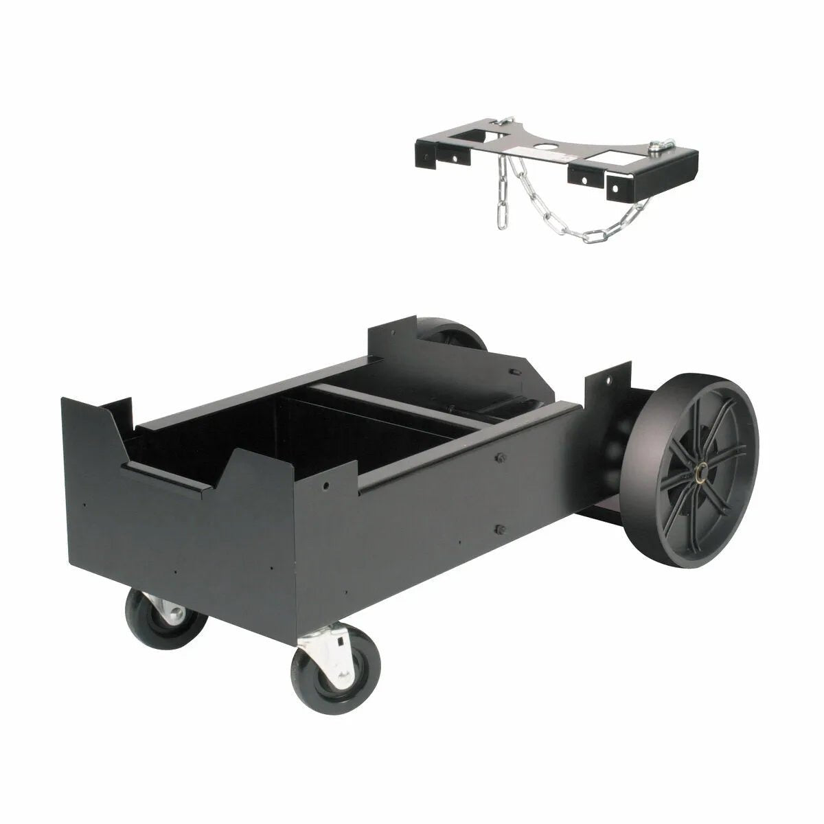 A black steel welding cart designed for welder storage, featuring two large rear wheels, two smaller front caster wheels, and a metal chain holder attachment above the cart.