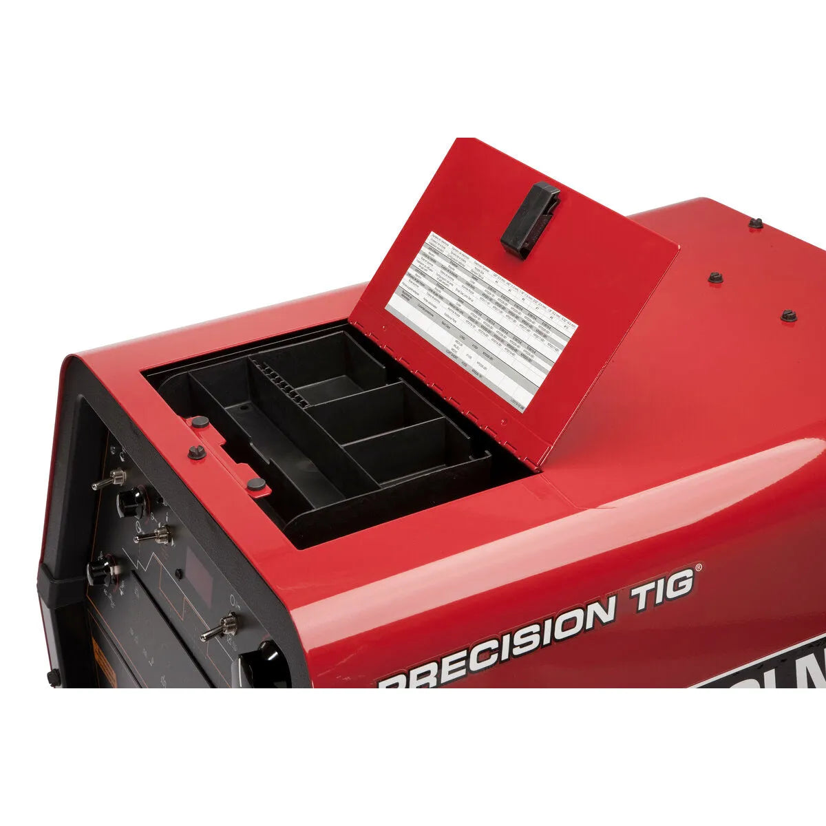 Lincoln Precision TIG 275 Welder K2619-2 open compartment with storage and chart, perfect for industrial TIG welding by WeldingMart.